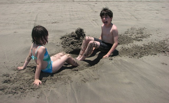 Tristan and friend getting sunburnt on a beach south of Acapulco.