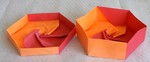 2 sheet hex box.  Two sheets of American letter are used for both the lid and the base.
Designed and folded by Rosemary LYNDALL WEMM, 2005