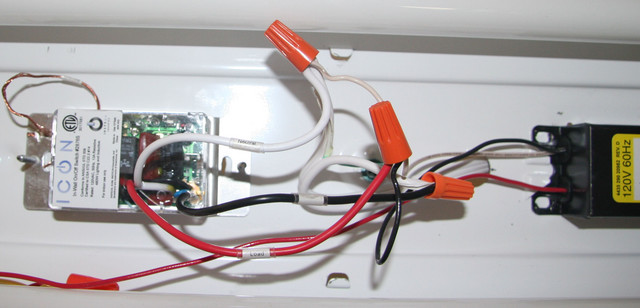 Head on.  The ICON relay switch is about the slightly larger than the electronic ballast, but smaller than the original ballast.  It fits nicely!