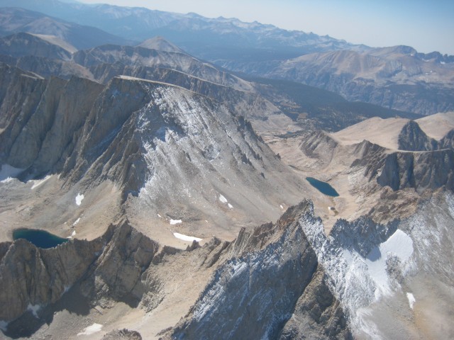 A view from my hang glider from 16,000 feet looking down on Mount Whitney, California.  Purportedly the tallest mountain in the 48 connected US states.