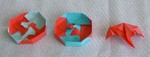 OCTAGONAL BOX LID: D01a & D01b 

FROM:  4 square sheets in diamond orientation

VIEW:  Inside view of two versions of completed lids. One is put together from the right, the other from the left.               Completed unit from same perspective.
