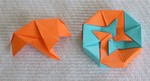 OCTAGONAL BOX LID: D02 

FROM:  4 square sheets in diamond orientation

VIEW:  Outside view of completed lid. Completed unit from same perspective.